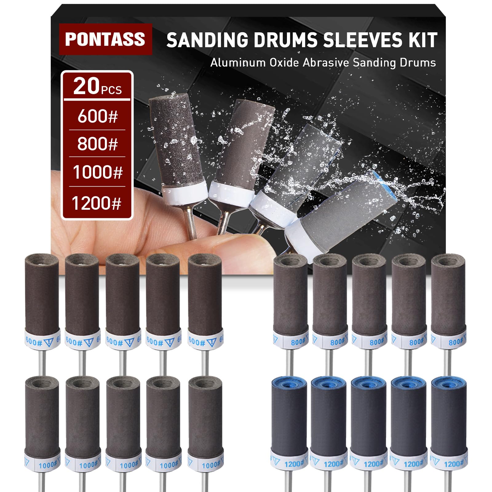 20Pcs Sanding Drums Sandpaper Sticks Set for Dremel Rotary Tool Accessories, Sanding Drum Bits 600/800/1000/1200 Grits Sanding Bits Kit with 1/8" (3mm) Shank for Wood Metal Jade Polishing Grinding — image 1
