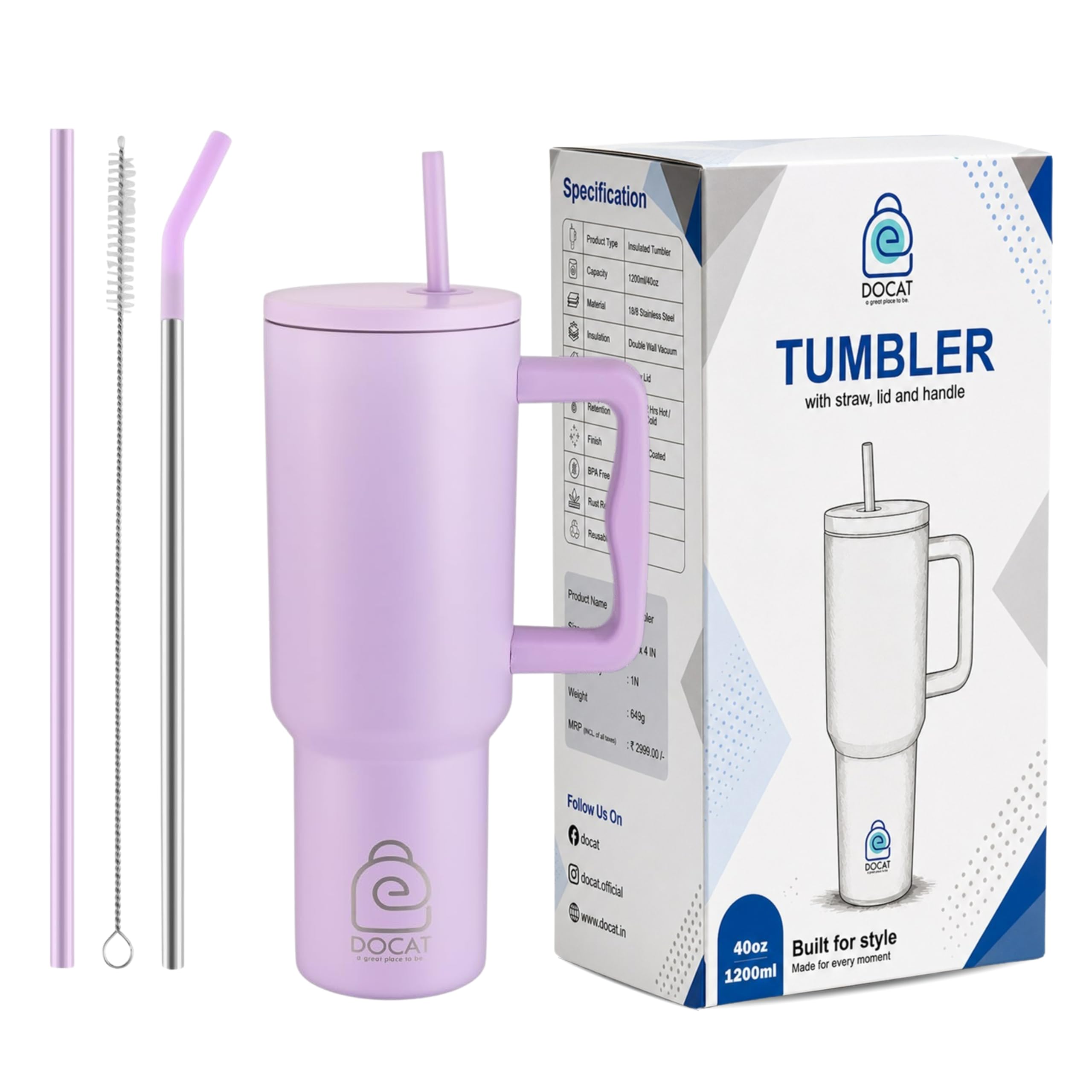 DOCAT 1200ML Stainless Steel Tumbler with Lid and Straw, Hot and Cold Double Insulated Sipper Mug, 100% Leak Proof Coffee Tumbler Cupholder for Office, Gym, Travelling (Lavender)