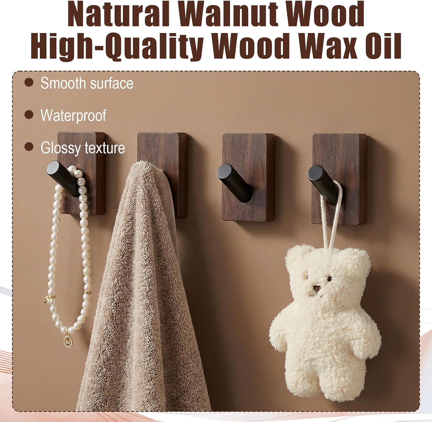 4 Pack Wooden Wall Hooks for Hanging,Walnut Boho Decorative Wooden Pegs, Adhesive and Screw Mounted Heavy Duty Coat Hooks for Towel, Clothes, Hat, Bag, Entryway, Bathroom, Nursery Door