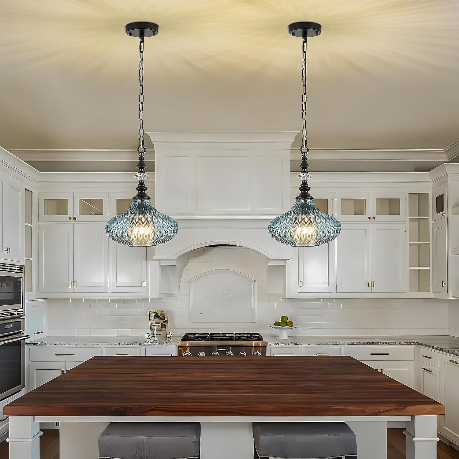 3-Light Chandelier,Black Farmhouse Pendant Light Fixture for Kitchen,Adjustable Hanging Lighting with Blue Glass Shade for Hallway Bedroom Entryway Dining Room Island