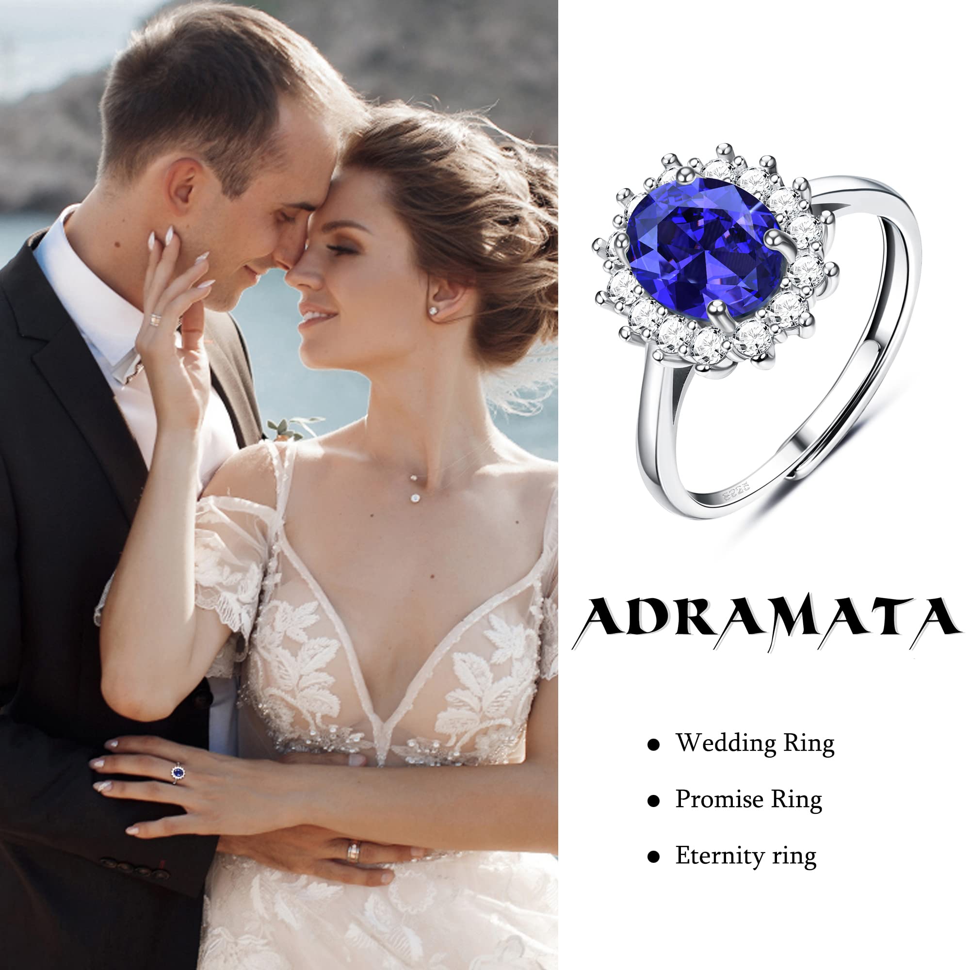 Adramata 925 Anelli in Argento Sterling per Donna, Anello di Fidanzamento Zaffiro, Anelli di Fidanzamento Regolabili in Argento 925, Anniversario Matrimonio Promessa Anello