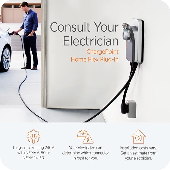 ChargePoint HomeFlex Level 2 EV Charger NEMA 14-50 NACS Plug for Tesla Electric Vehicles - Wall-Mount Fast & Smart Indoor or Outdoor Charging Station for Home, Compatible w/ Tesla Models 3, Y, S & X