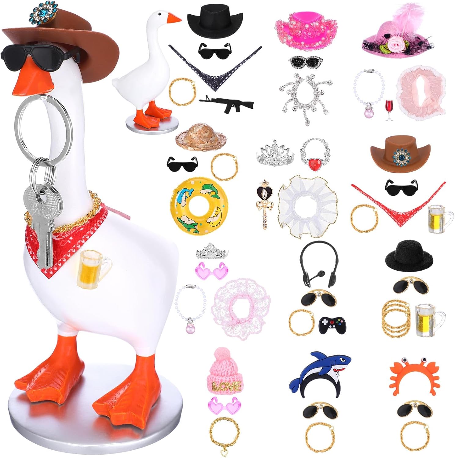 7 Inch Mini Goose Key Holder with 12 Set Outfits, Resin Magnetic Desk Goose Outfits, Cute Figurines Keychain Hanger, Desktop Table Decor for Home Office Bedroom House Housewarming Gifts