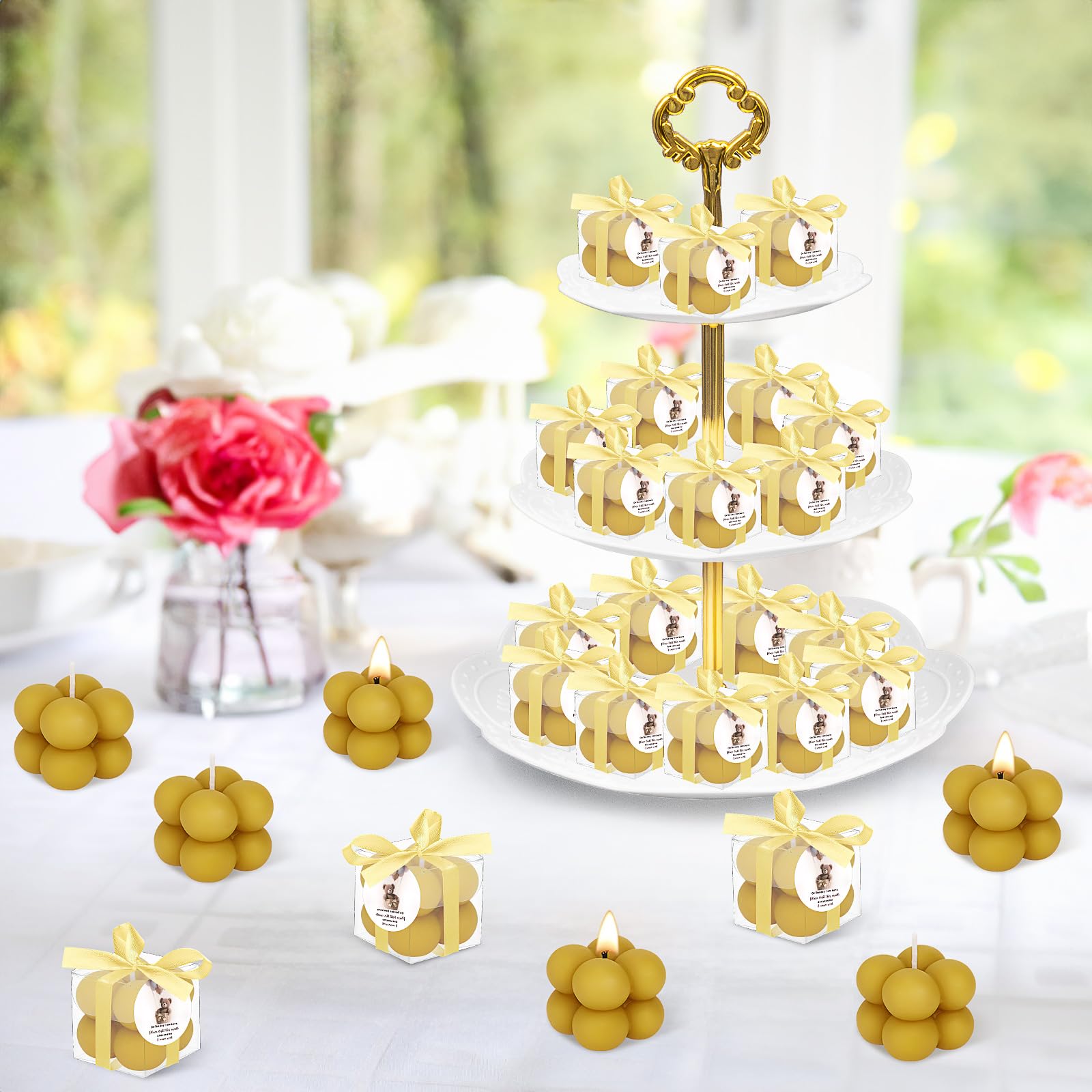 30 juegos de velas de oso para baby shower, velas pequeñas de burbujas, recuerdos de baby shower para invitados, velas de té a granel con elegantes cintas, tarjetas, regalos, decoración de fiesta