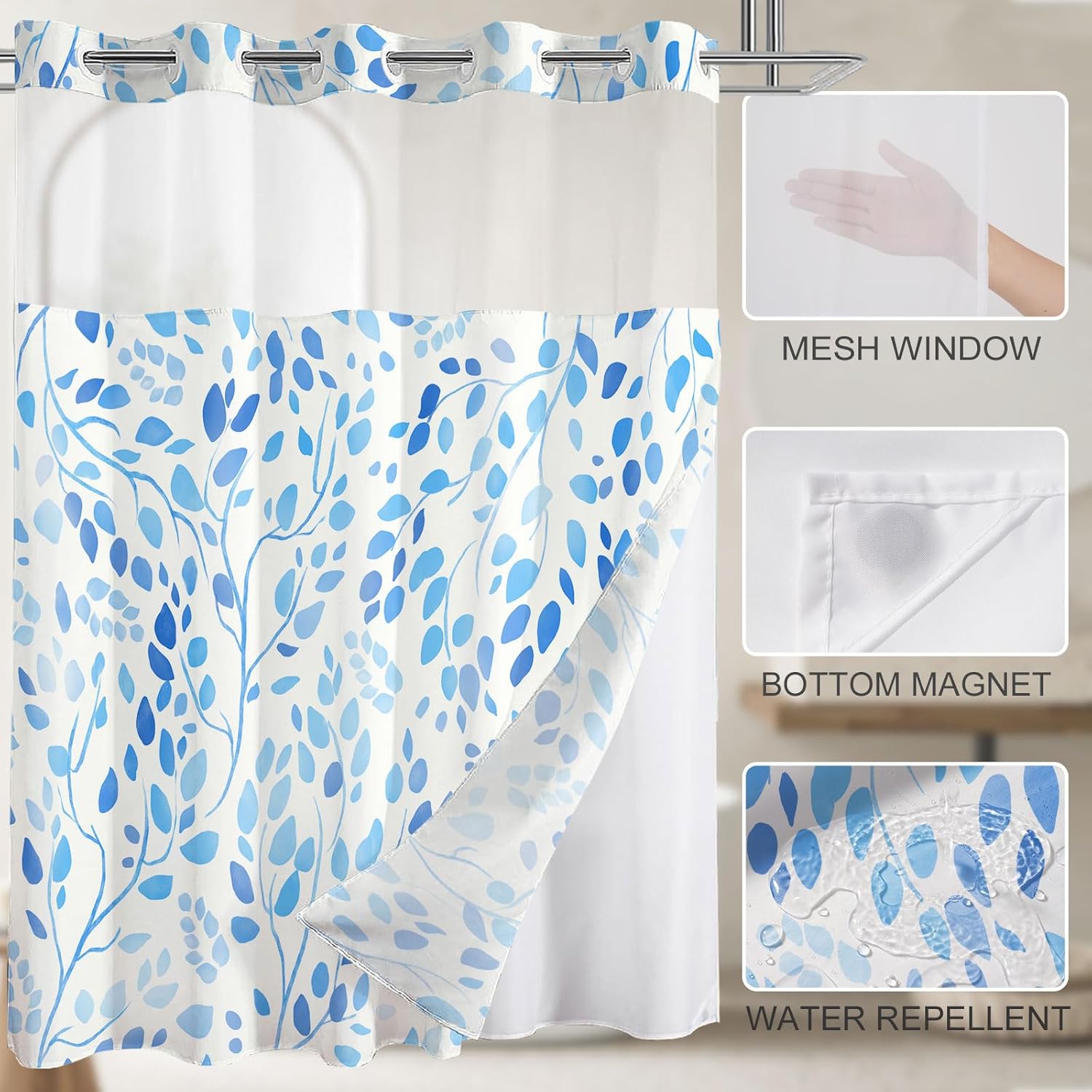 No Hook Shower Curtain with Snap in Liner Set, Boho Blue Leaves Design, Waterproof Washable Fabric Floral Shower Curtains for Bathroom Decor with See Through Mesh Top Window 71x74 Inch