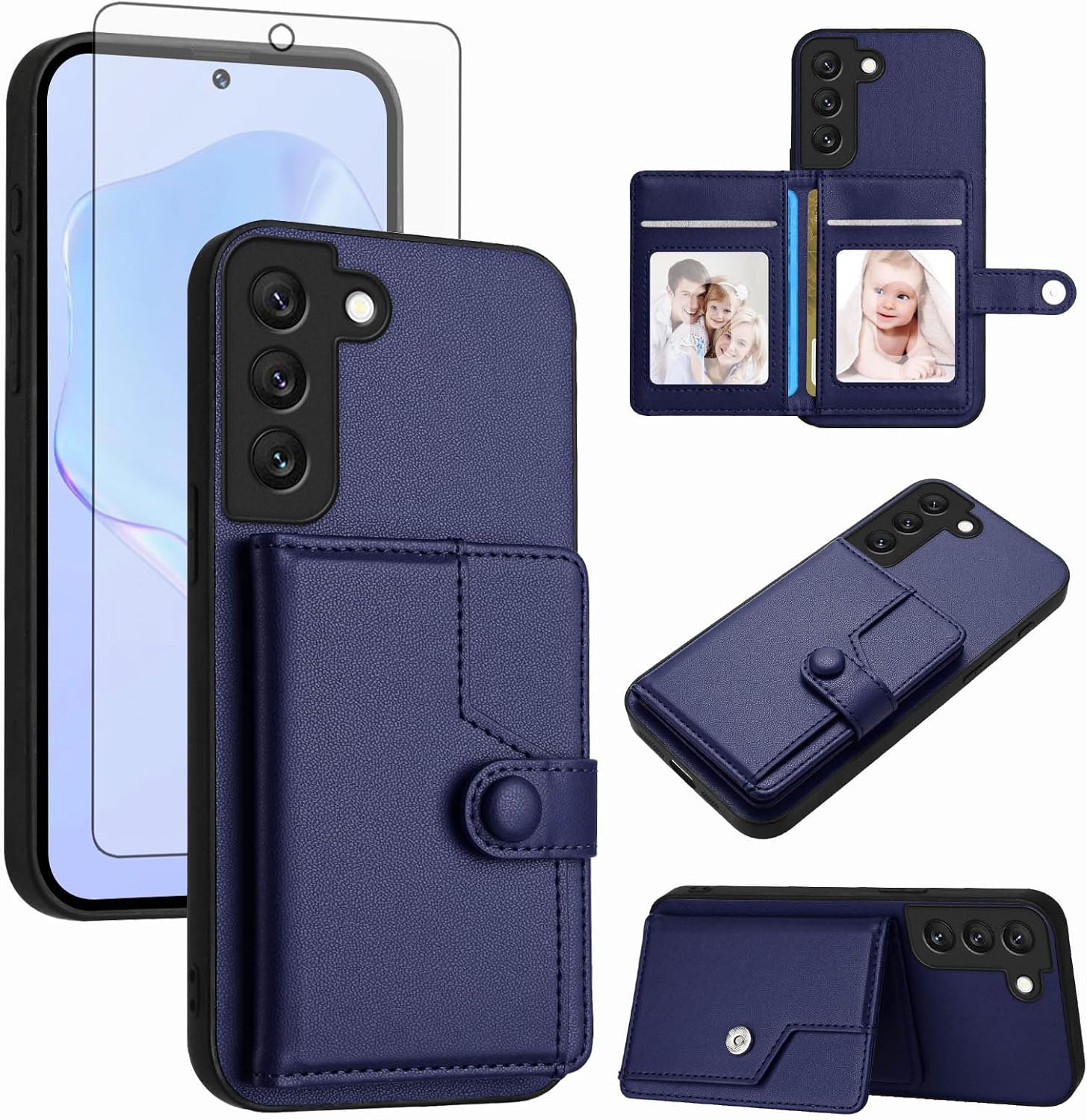 Asuwish Phone Case for Samsung Galaxy S22 5G Wallet Cover with Tempered Glass Screen Protector RFID Slim Credit Card Holder Slot Stand Cell Accessories S 22 22S 4G G5 6.1 inch Women Men Blue