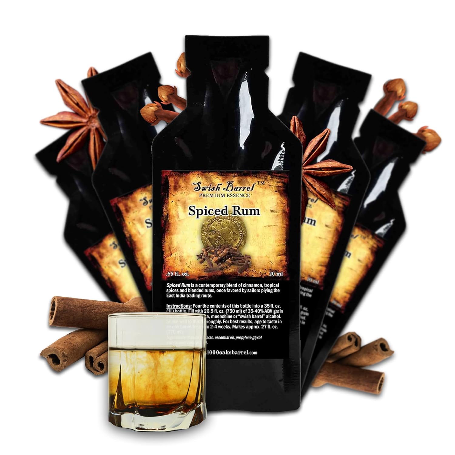 Spiced Rum Flavoring Essence (5 Pack), Liquor Flavor Refill Packets for Bootleg Kits & Barrel Aging, Swish Barrel Extract for Cocktails, Mixology & Moonshine Distilling, 5 x 20ml (.65oz)