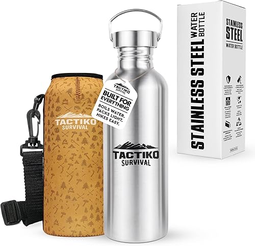 Miniatura 19 de Tactiko Survival Botella de agua de boca ancha de acero inoxidable de 34 oz/33.8 fl oz, de una sola pared, segura para hervir, a prueba de fugas,