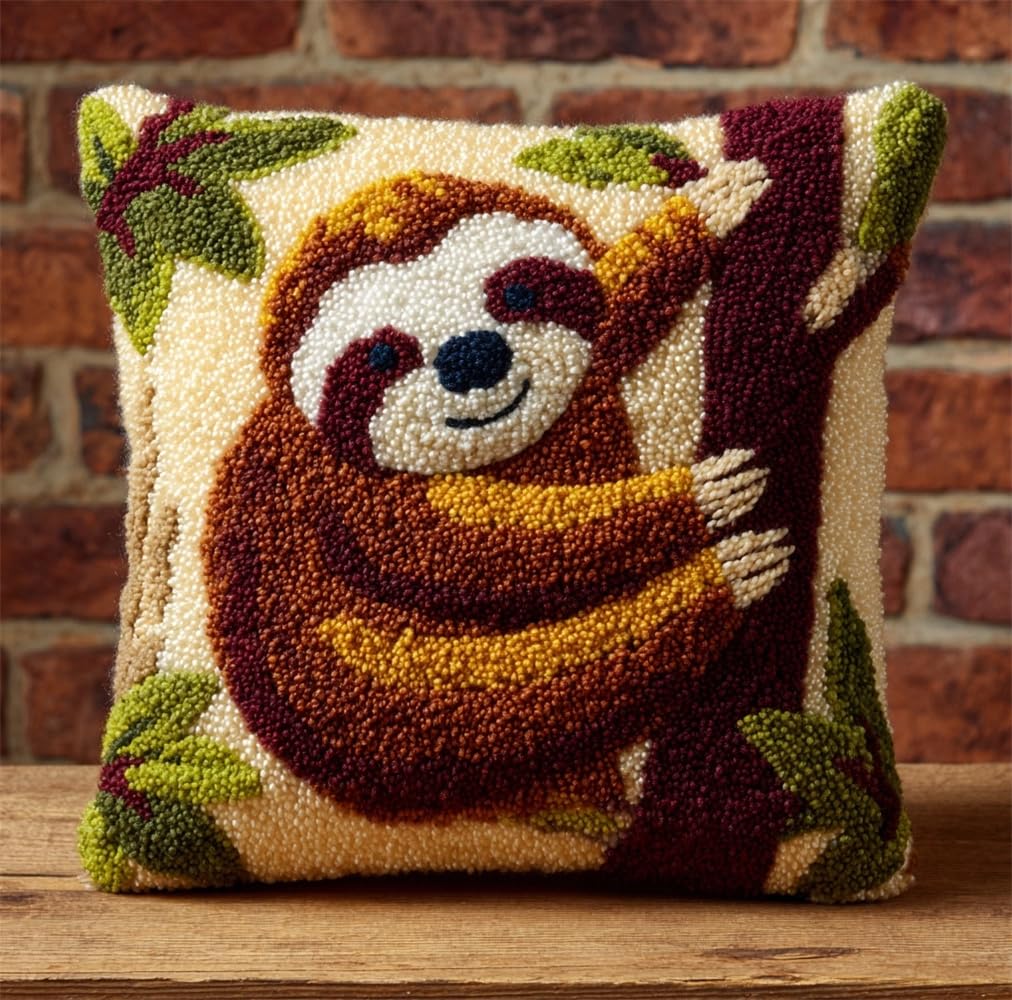 kitphoenix Latch Hook Kit,Sloth Latch Hook Kits for Adults DIY Decorative Pillowcase Embroidery Cross Stitch Arts Craft for Home Sofa Furniture 17X17Inch