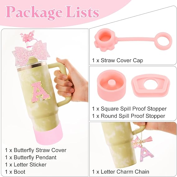 sourcing map 8Pcs Cup Accessories Set for Cup Tumbler with Handle, Including Silicone Straw Cover, Boot, Spill Proof Stopper, Handle Charm, Initials Sticker(Letter A, Pink)