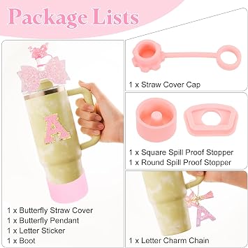 sourcing map 8Pcs Cup Accessories Set for Cup Tumbler with Handle, Including Silicone Straw Cover, Boot, Spill Proof Stopper, Handle Charm, Initials Sticker(Letter A, Pink)