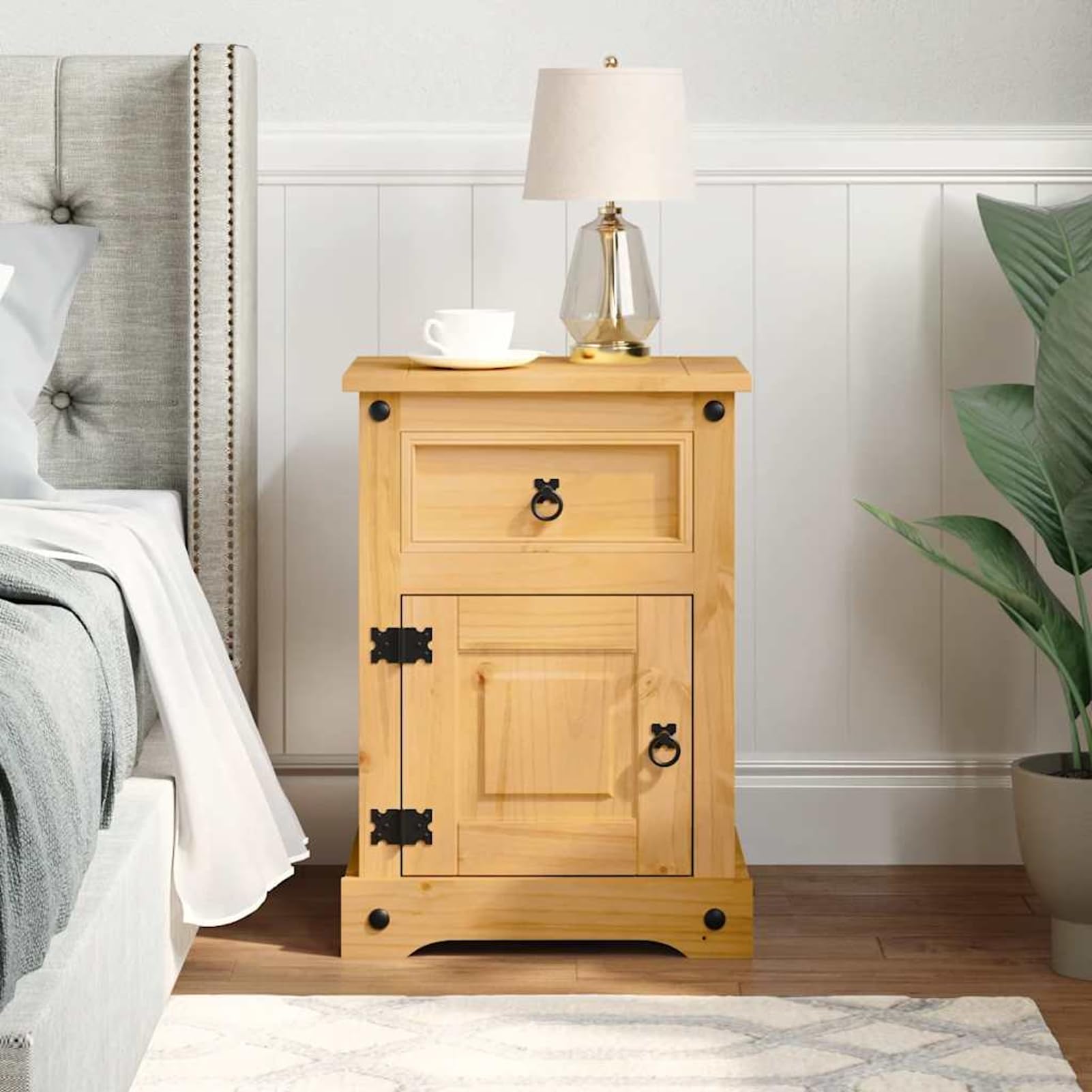 Homgoday Comodino in Legno Massello di Pino Stile Messicano Corona, Marrone, 53x39x66 cm, con Cassetto e Anta, Facile da Montare, Ideale per Camera da Letto o Soggiorno