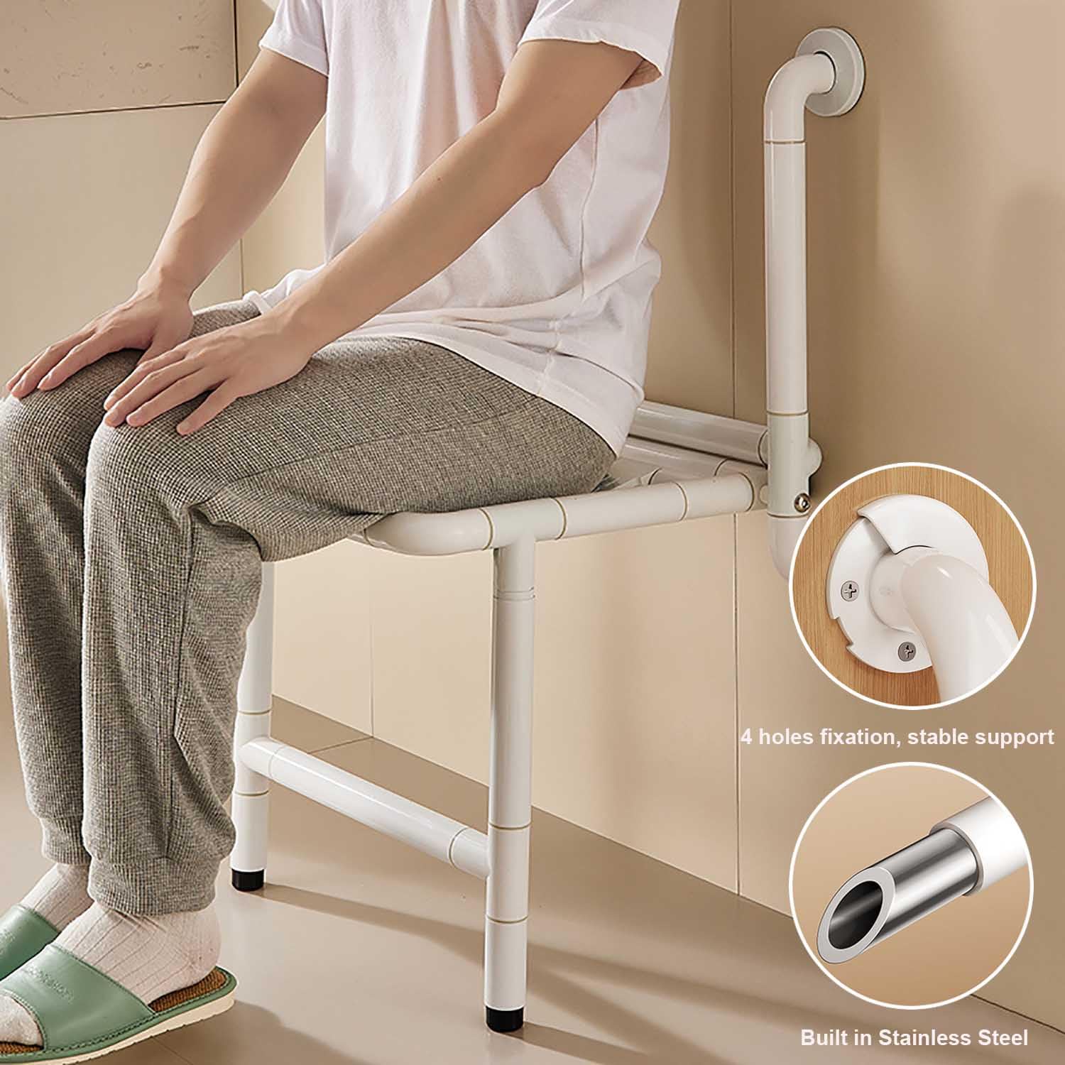 Silla de Ducha Blanca Plegable Antideslizante para Ancianos | Asiento de Ducha Montada en la Pared,Taburete de Baño,Ahorra Espacio,Luminoso,Acero,Panel Reforzado,Soporta 150 kg