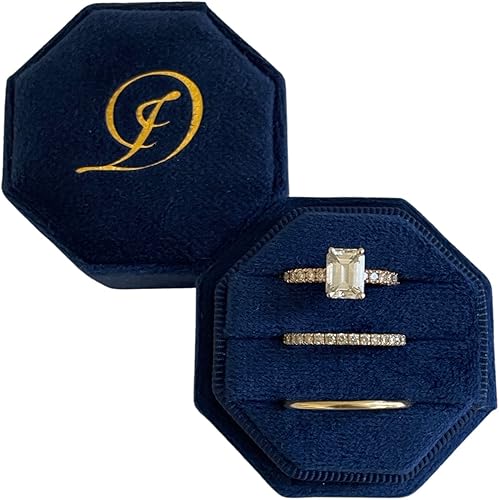 Miniatura 2 de Caja de terciopelo personalizada con 3 ranuras para anillo de boda octágono, joyero, joyero para ceremonia de boda y almacenamiento (azul rey)