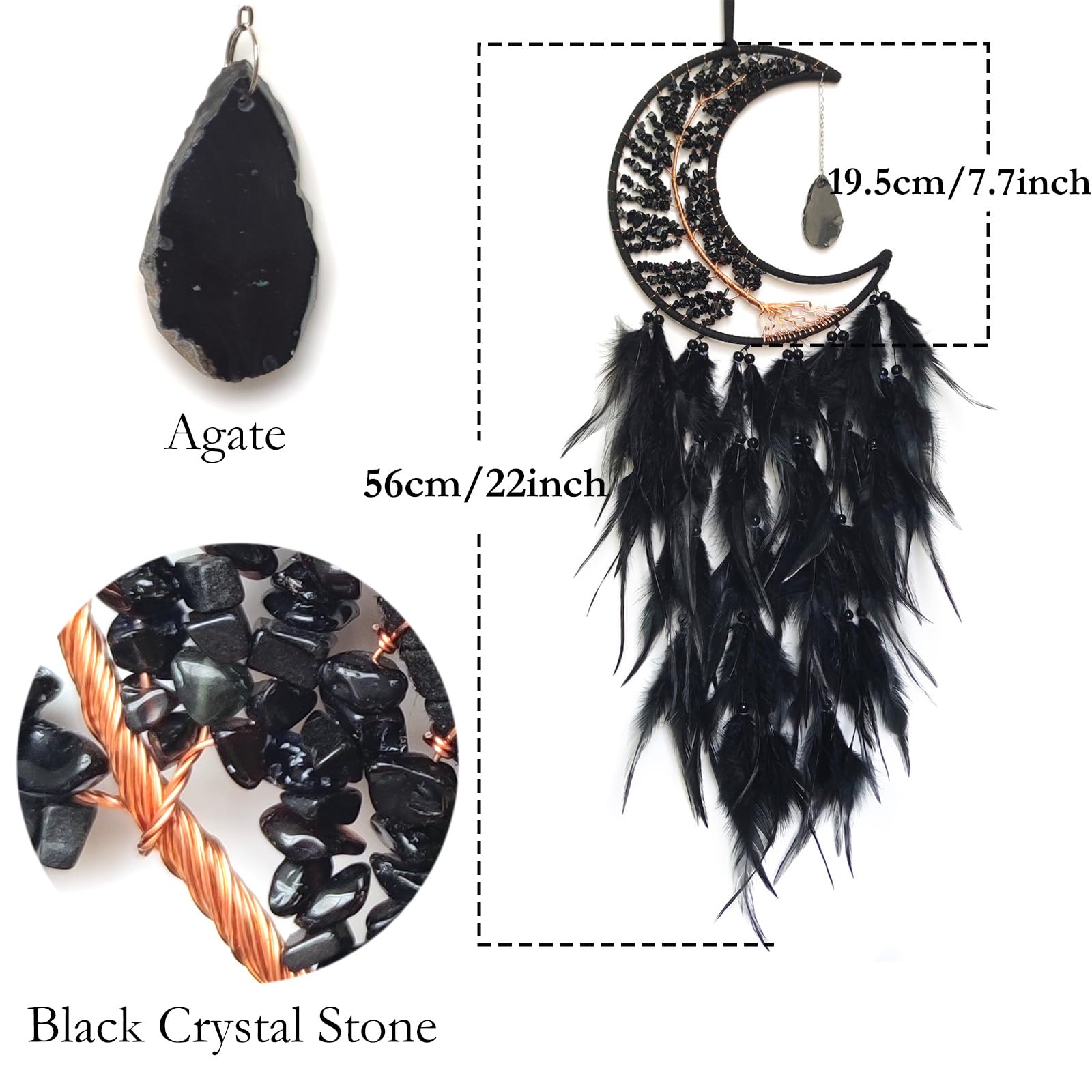 Donko Black Large Moon Dream Catcher Tree of Life Dream Catchers with Agate Pendant Handmade Feather Dreamcatcher Wall Hanging Ornament for Bedroom Living Room Home Decor - Image 2