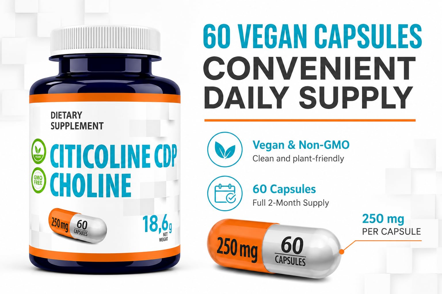 Hepatica Citicoline (CDP-Choline) 250 mg | Source de Choline | 60 Gélules Véganes | Réserve 2 Mois | GMP & laboratoire indépendant