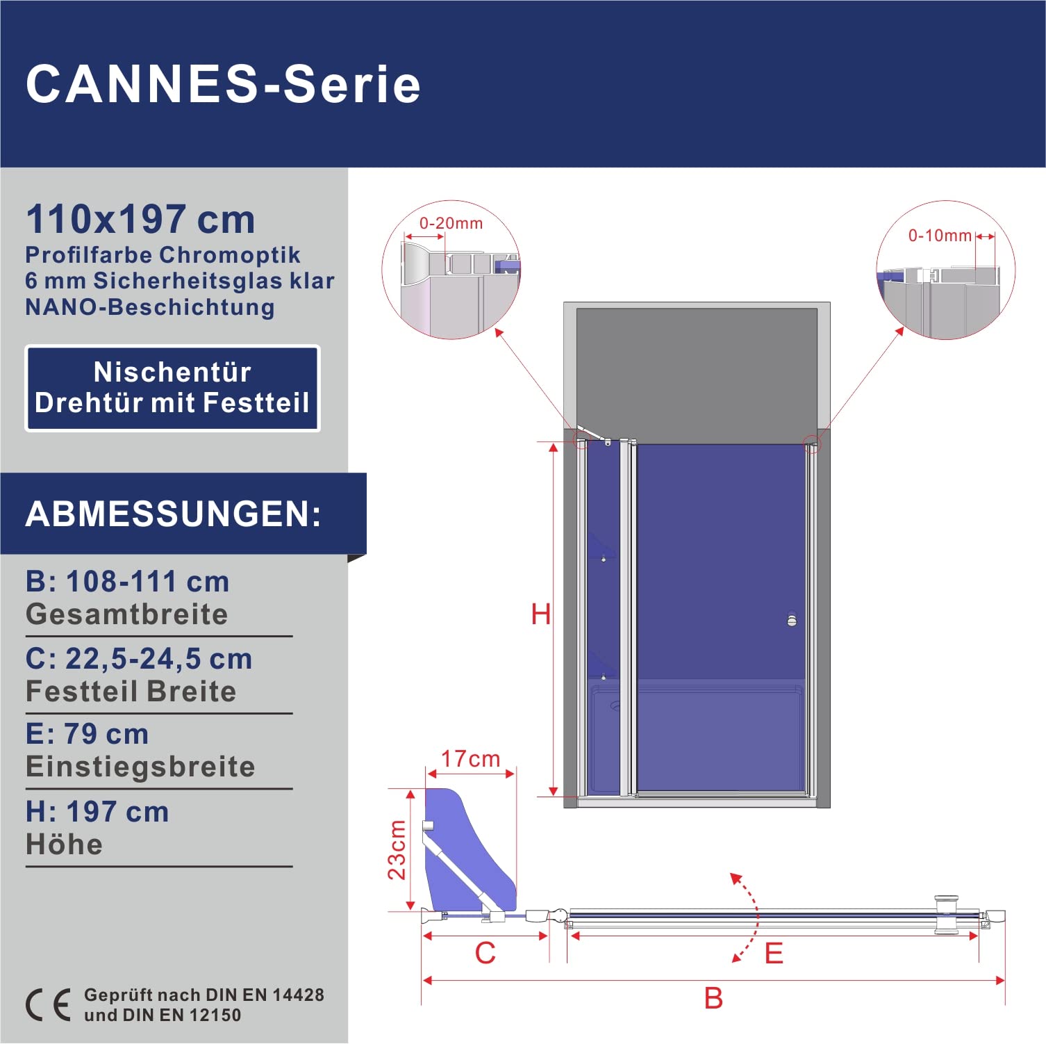 Duschtür mit Festteil und Eckregalen breite 110 cm Verstellbereich 108-111 cm Drehtür Schwingtür mit festem Seitenteil Duschabtrennung Duschwand Glas für Nische Echtglas 6 mm klar NANO-Beschichtung