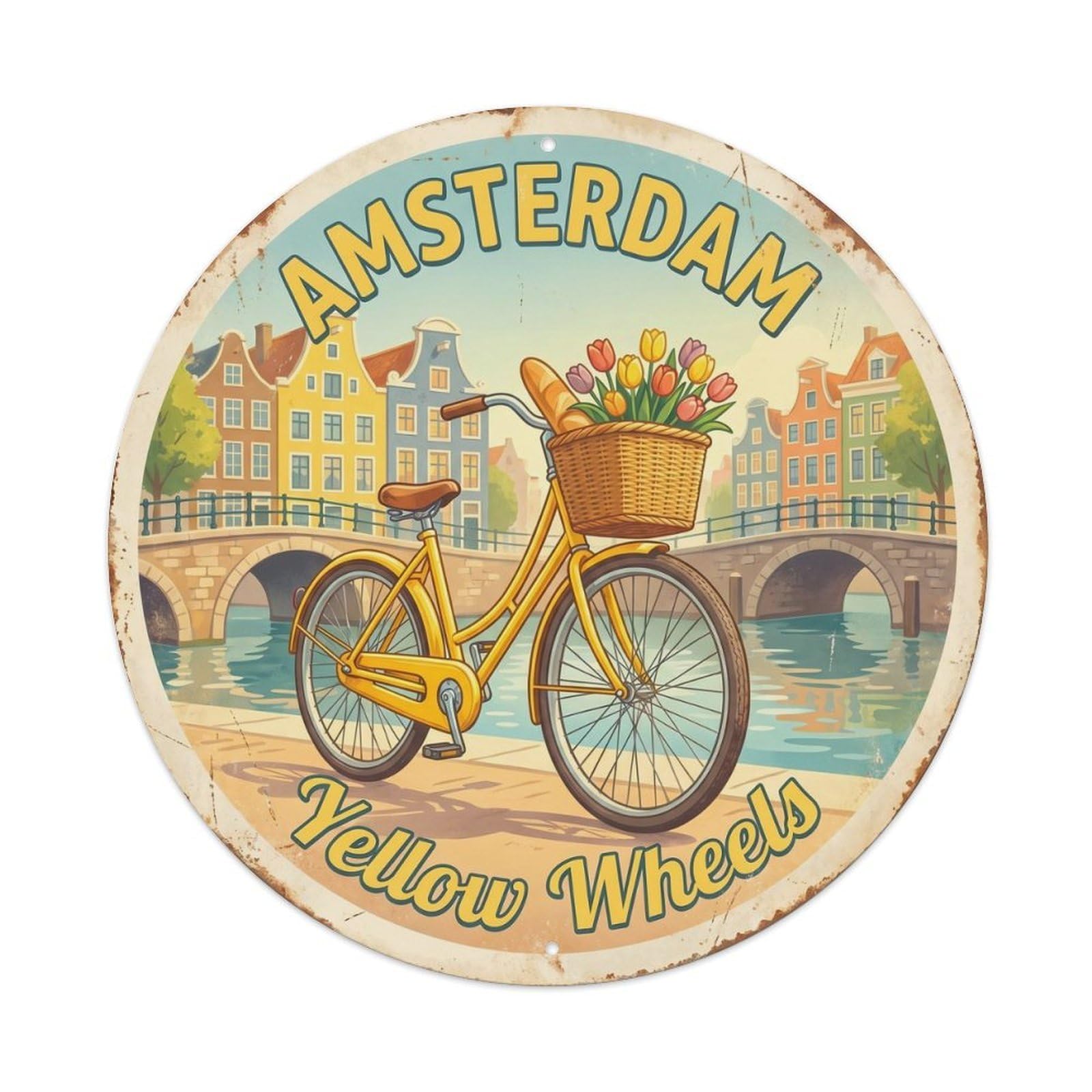 Vintage Travel Amsterdam Yellow Bicycle Metal Tin Sign Plaque