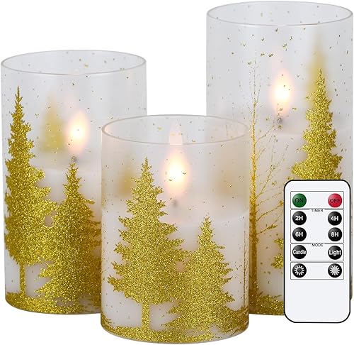 DRomance Velas de cristal sin llama de árbol de Navidad con temporizador remoto, funciona con pilas, cera real, mecha 3D, velas LED parpadeantes,