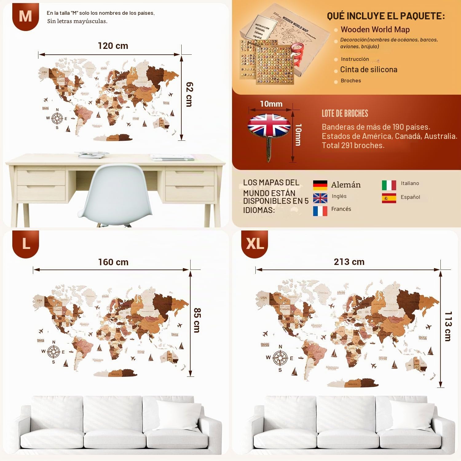 Mapamundi de Madera en Inglés - Decoración 3D sin Taladrar | Contrachapado de abedul multicapa, 324 pines con banderas, 120x62 cm, solo 1,6 kg, montaje adhesivo, cabe sobre el escritorio