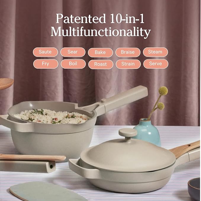 The pan’s design features a stylish char color, which encompasses a modern aesthetic suitable for any kitchen decor. The patented design ensures practicality and efficiency, catering to the needs of modern-day cooking enthusiasts. Plus, this compact pan includes a modular lid that lets off steam and a sturdy built-in spoon rest, making it a practical choice for daily cooking tasks.