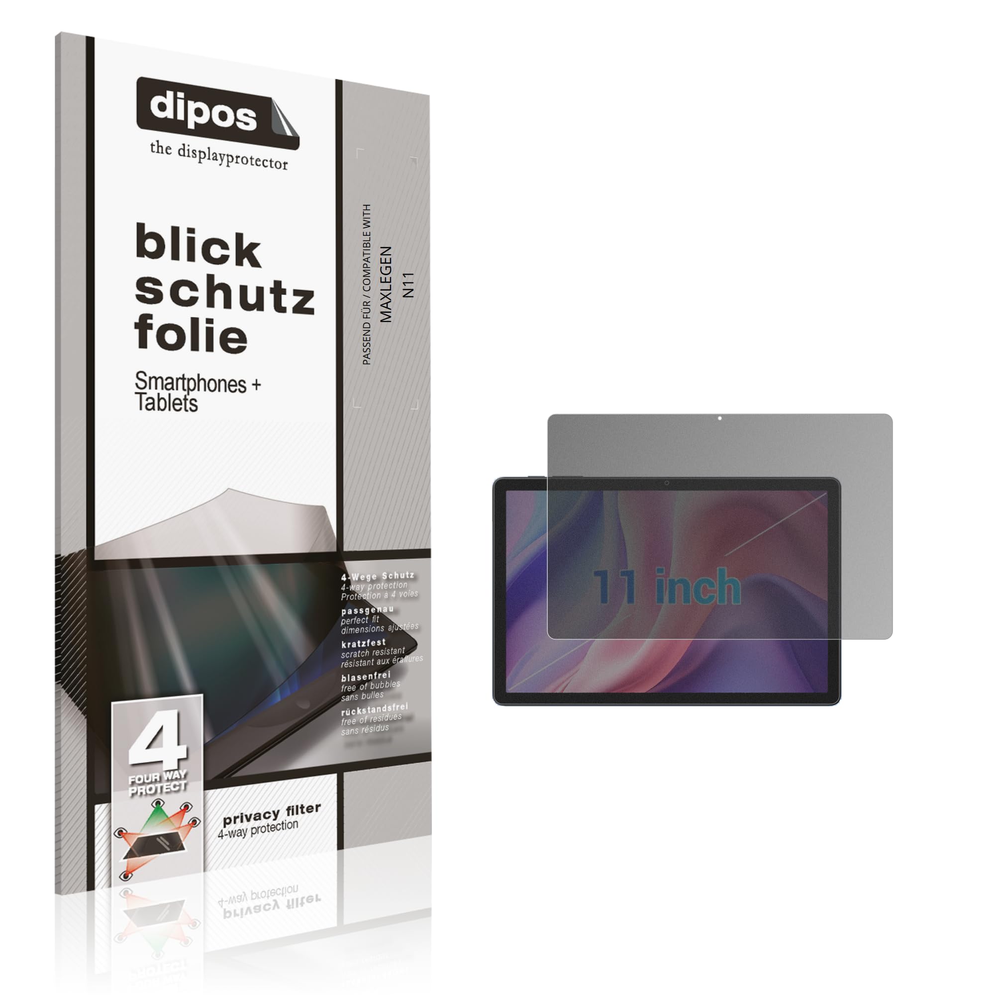 dipos Protection écran anti-espion pour MAXLEGEN N11 | Film mat, filtre de confidentialité 4 directions, sur mesure, anti-rayures, sans bulles, adhésion sans colle