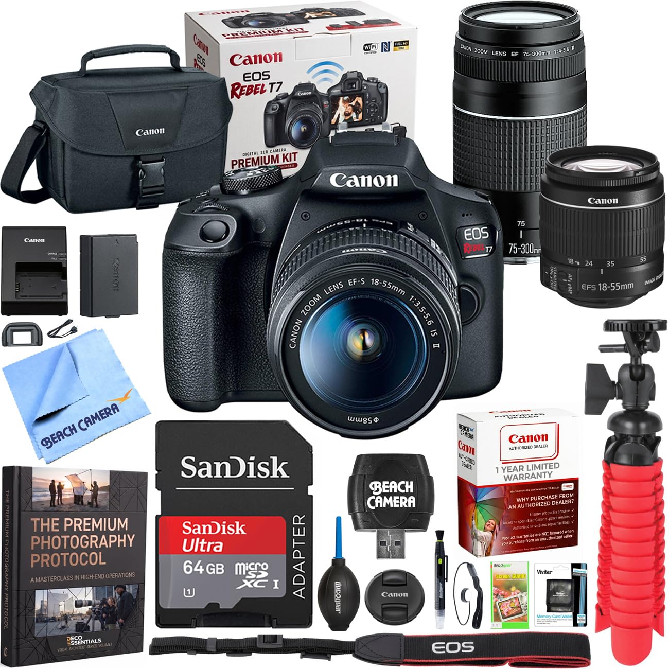 Canon EOS Rebel T7 DSLR Camera with 2 Lens Kit 18-55mm & 75-300mm Bundle Black