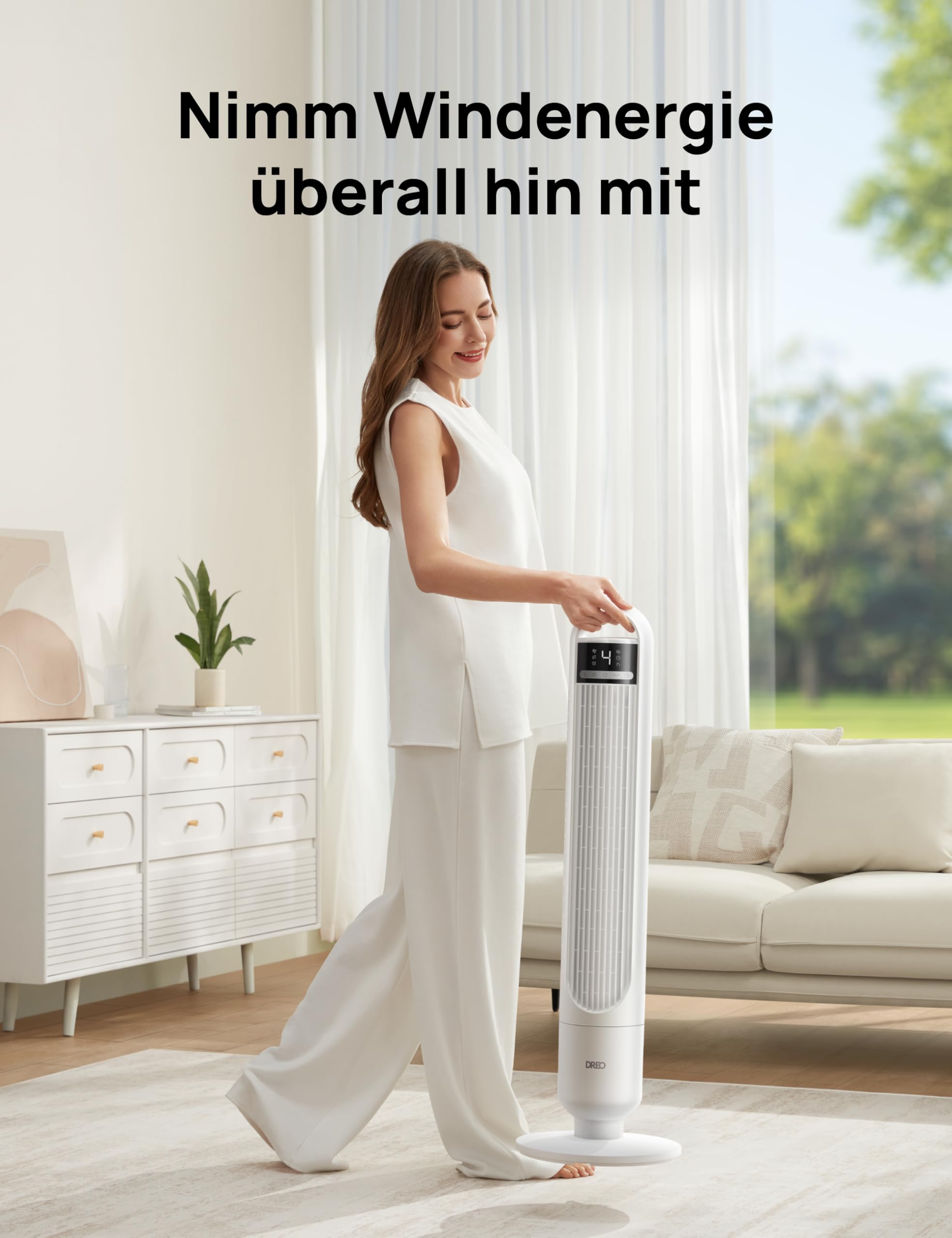 DREO Smart Turmventilator fürs Schlafzimmer, leiser Standventilator mit 28 dB, Luftreichweite bis 8,8 m, 4 Stufen & 3 Modi, 8 Std.-Timer, App, Alexa & Google, 90° Oszillation, für Zuhause/Büro