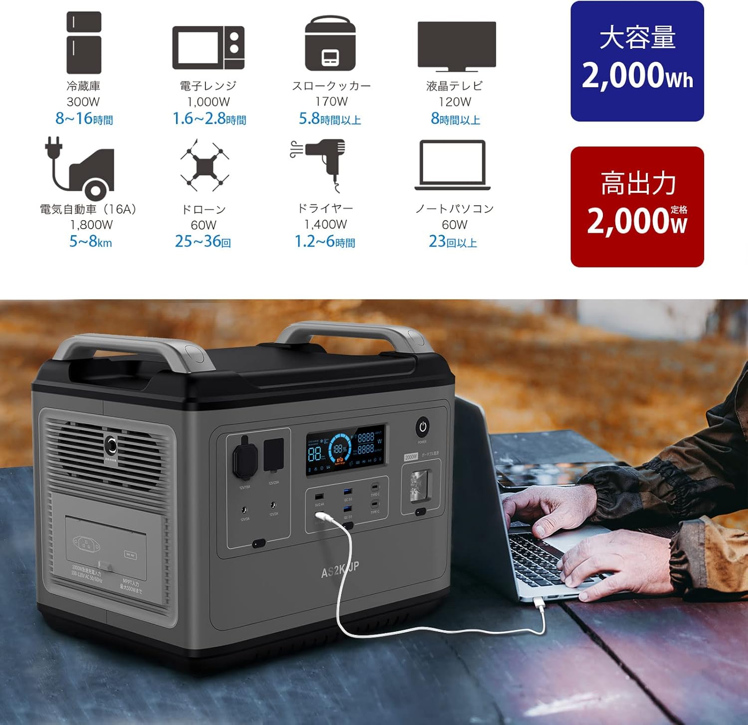 容量2000Wh 定格出力2000W リン酸リチウム ポータブル電源 キャンプ