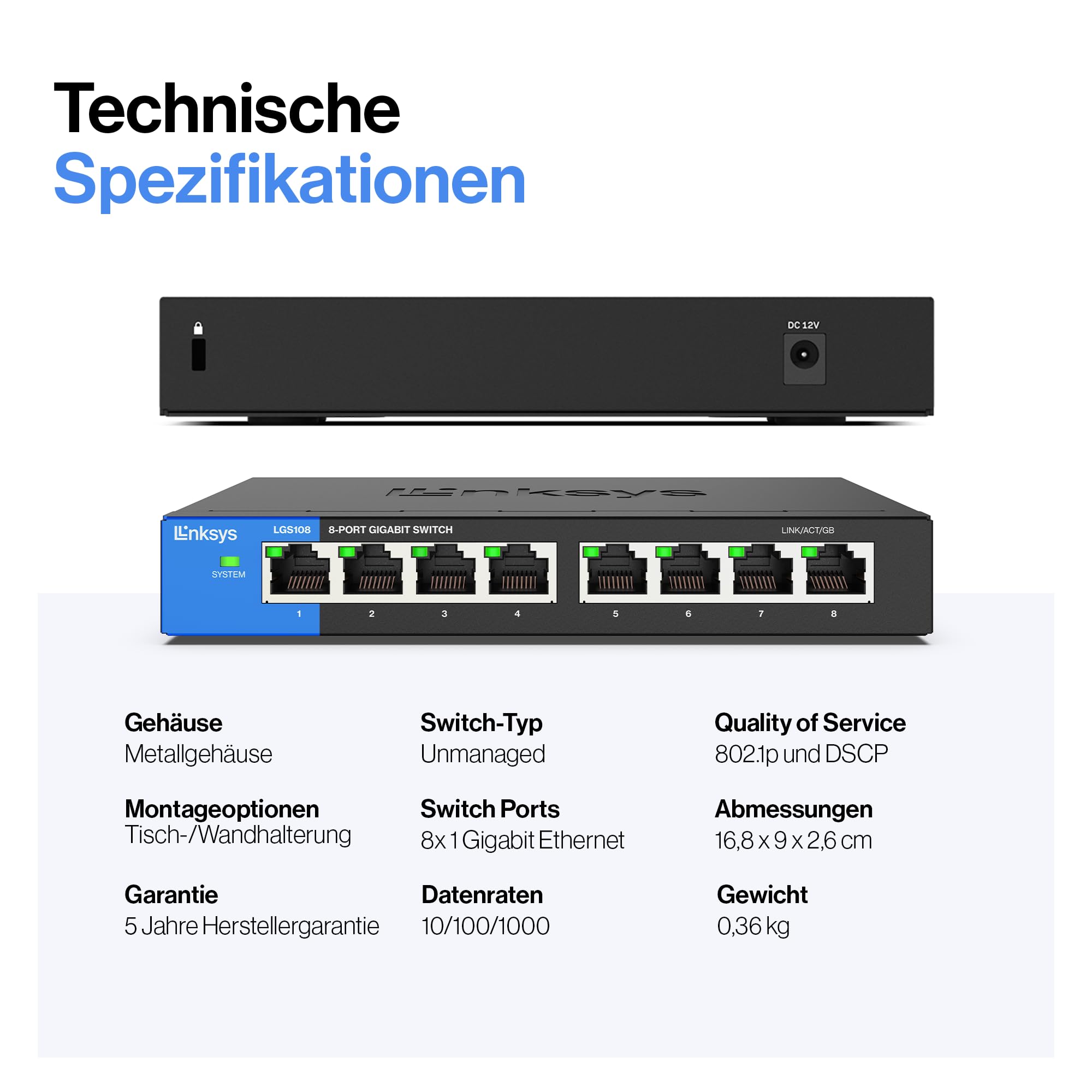 Linksys LGS108-EU 8-Port Unmanaged Gigabit-Netzwerk-Switch – Ethernet-Switch/Hub mit Metallgehäuse, Splitter – Platzierung an der Wand oder auf dem Schreibtisch im Büro oder zu Hause, Plug-and-Play, Color