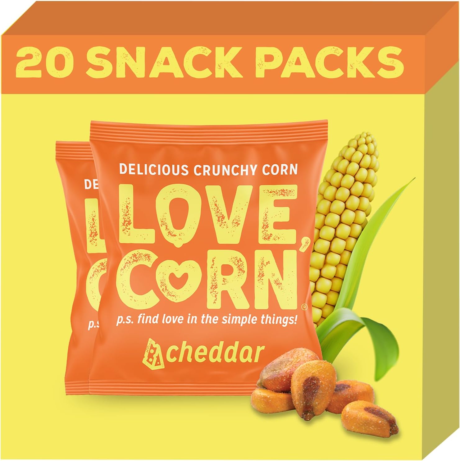 LOVE CORN Cheddar | Delicious Crunchy Corn Snacks | .07oz x 20 Gluten Free, Vegan Bags | Convenient for Lunch Boxes, Commuting & Office Snacks