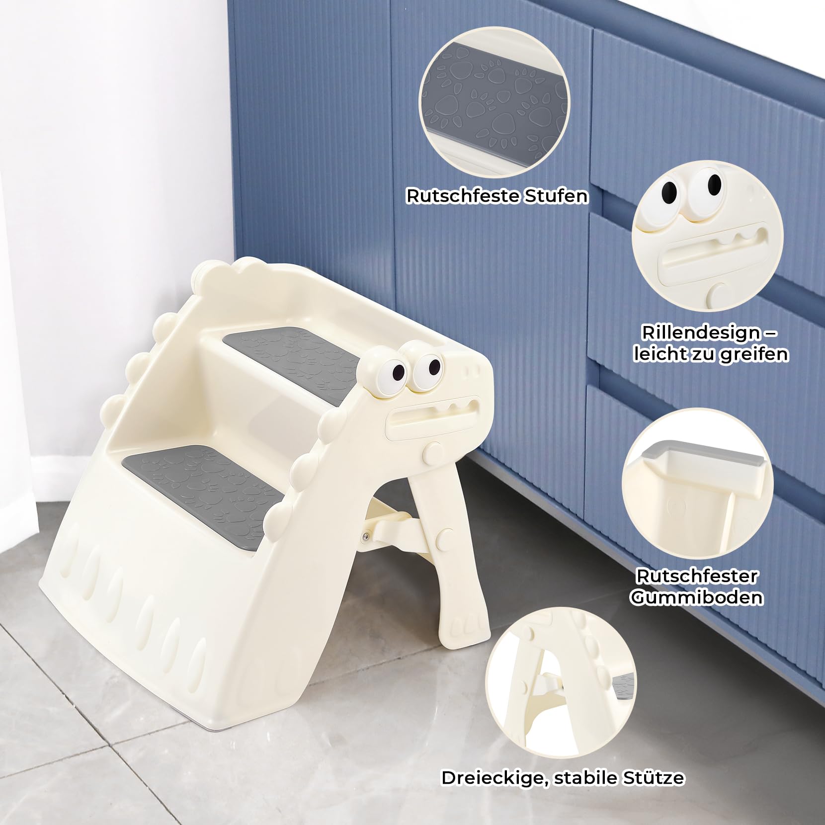 Tritthocker Kinder, Hocker Kinder Klappbar Tritthocker 2 Stufen, Rutschfester Hocker Kinder Bad Anti-Kipp Trittschemel für Baby Kinderhocker für Badezimmer und Küche (Cremefarben)