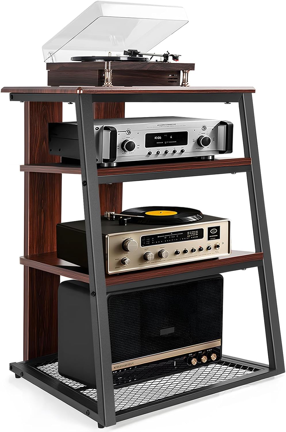 4-Tier AV Media Stand Corner Shelf, Media Shelf for Record Player Wooden Stereo Cabinet Audio Rack Tower Stereo Stands for/Xbox One/Apple TV/Ps4 (Walnut)