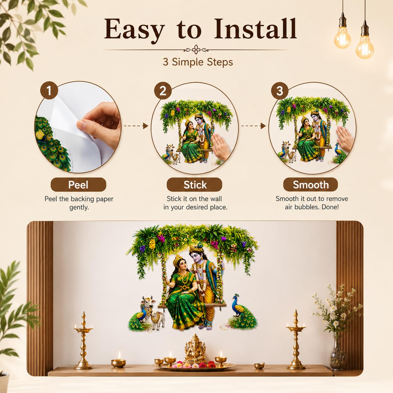 SatnamEncase Radha Krishna Jhula Wall Sticker 90x80 cm I Lord Krishna Radha Swing PVC Vinyl Wall Decal I Waterproof Self Adhesive Pooja Room Living Room Decor 4