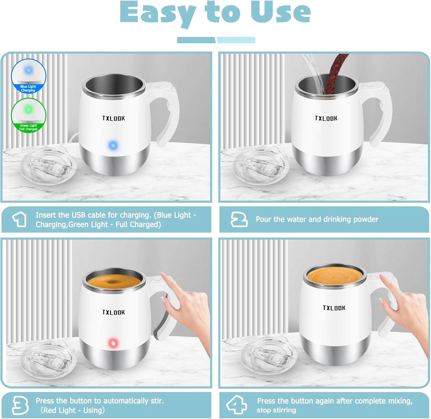 Self Stirring Mug, Rechargeable Automatic Magnetic Stirring Coffee Mug with Transparent Lid, 400ml, White, Stainless Steel Liner + Plastic Shell, Perfect for Home, Office, Gym, School - Image 5