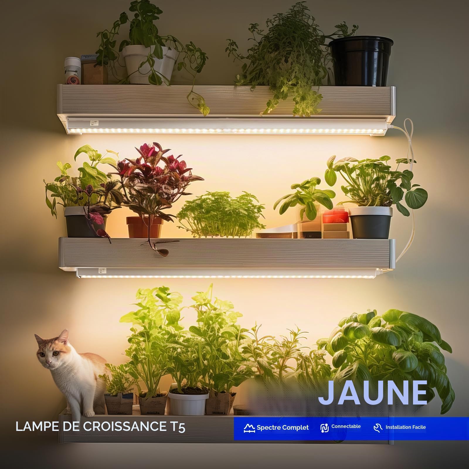 Barrina Lot de 4 lampes de culture pour plantes d'intérieur à spectre complet, 0,6 m 40 W (4 x 10 W), lampes T5 pour plantes d'intérieur, serre, Plug and Play, jaune