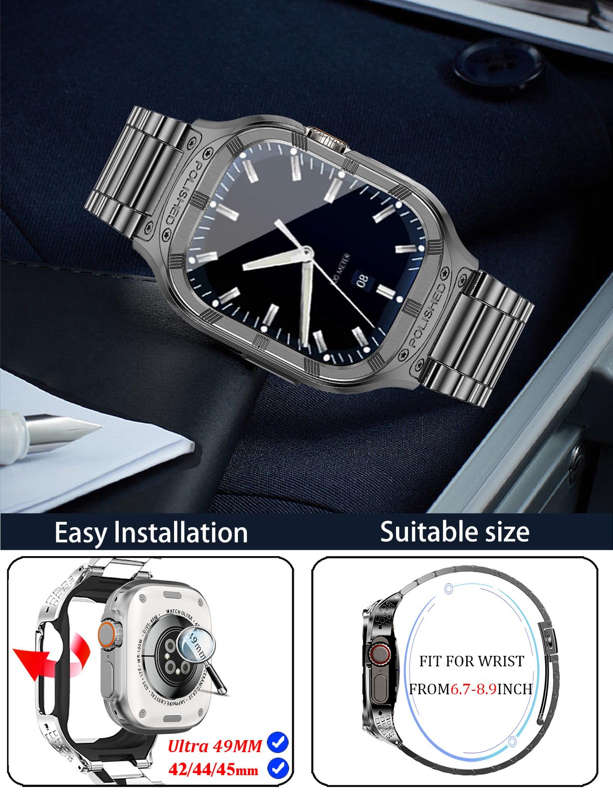 Coque et bracelet en acier inoxydable pour Apple Watch de 45 mm, coque robuste pour Apple Watch avec bracelet iWatch en métal pour homme, séries 9, 8, 7, gris