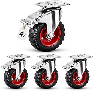 5 Inch Caster Wheels with Safety Dual Locking and Rubber Tire Wheels, Heavy Duty - 600 Lbs Per Caster for Workbench, Cart, Trolley, Dolly, Cabinet, Compact Rubber Castor Wheels, 4-Packs(Red)