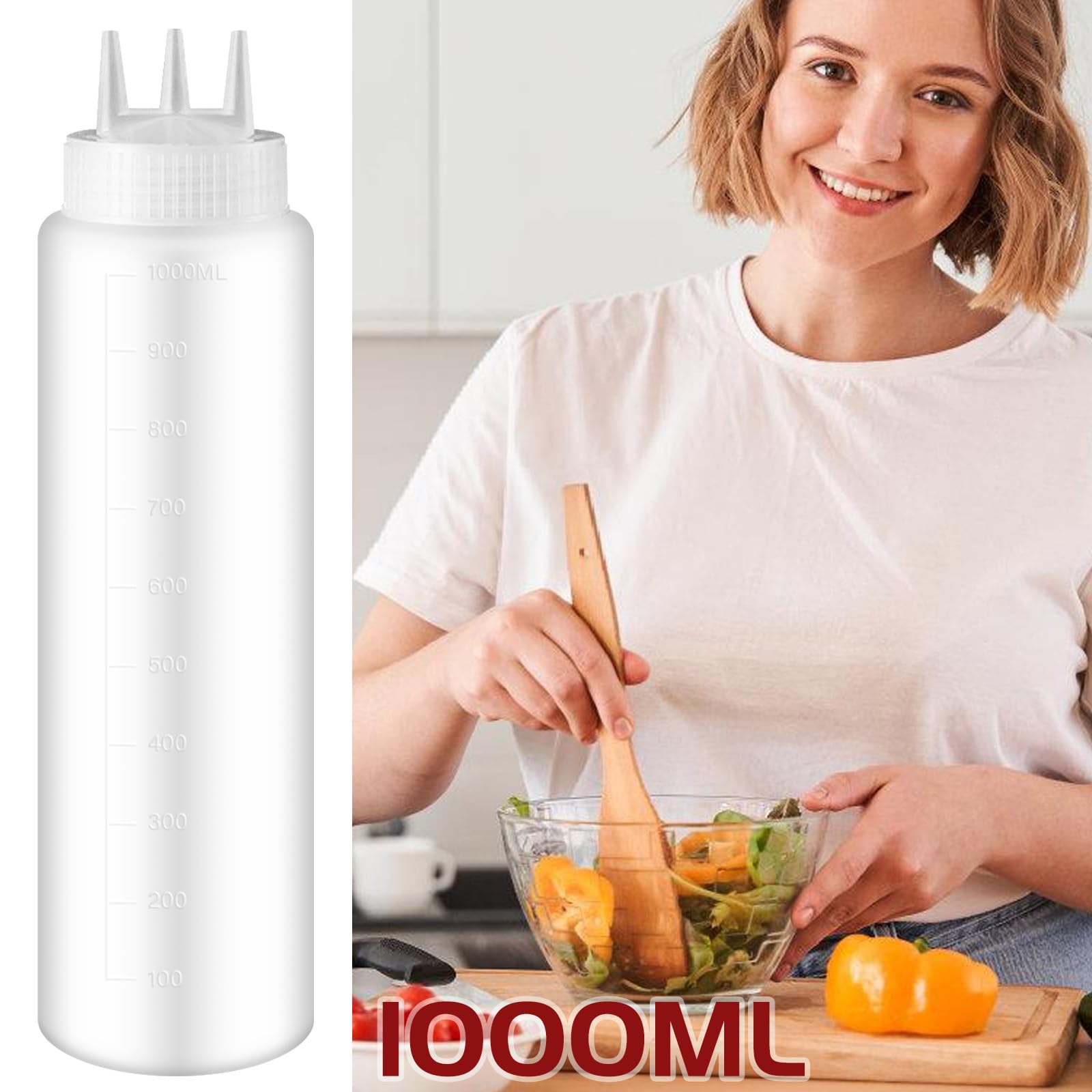 Bottiglia a Squeez 3 Ugelli 4 Pezzi 1000ml Bottiglie per Salse con Etichetta e Penna Scrivente, Bottiglie a Squeez per Salse, Spezie, Ketchup, Sciroppo, BBQ, Salse, Senape, Insalata