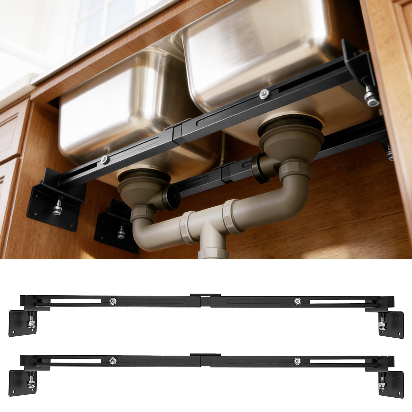 2Pcs Undermount Sink Brackets, 74-101cm Adjustable Stainless Steel Kitchen Sink Support, Space-Saving Horizontal Sink Support, Heavy Duty Undermount Sink Mounting Brackets for Kitchen Bathroom