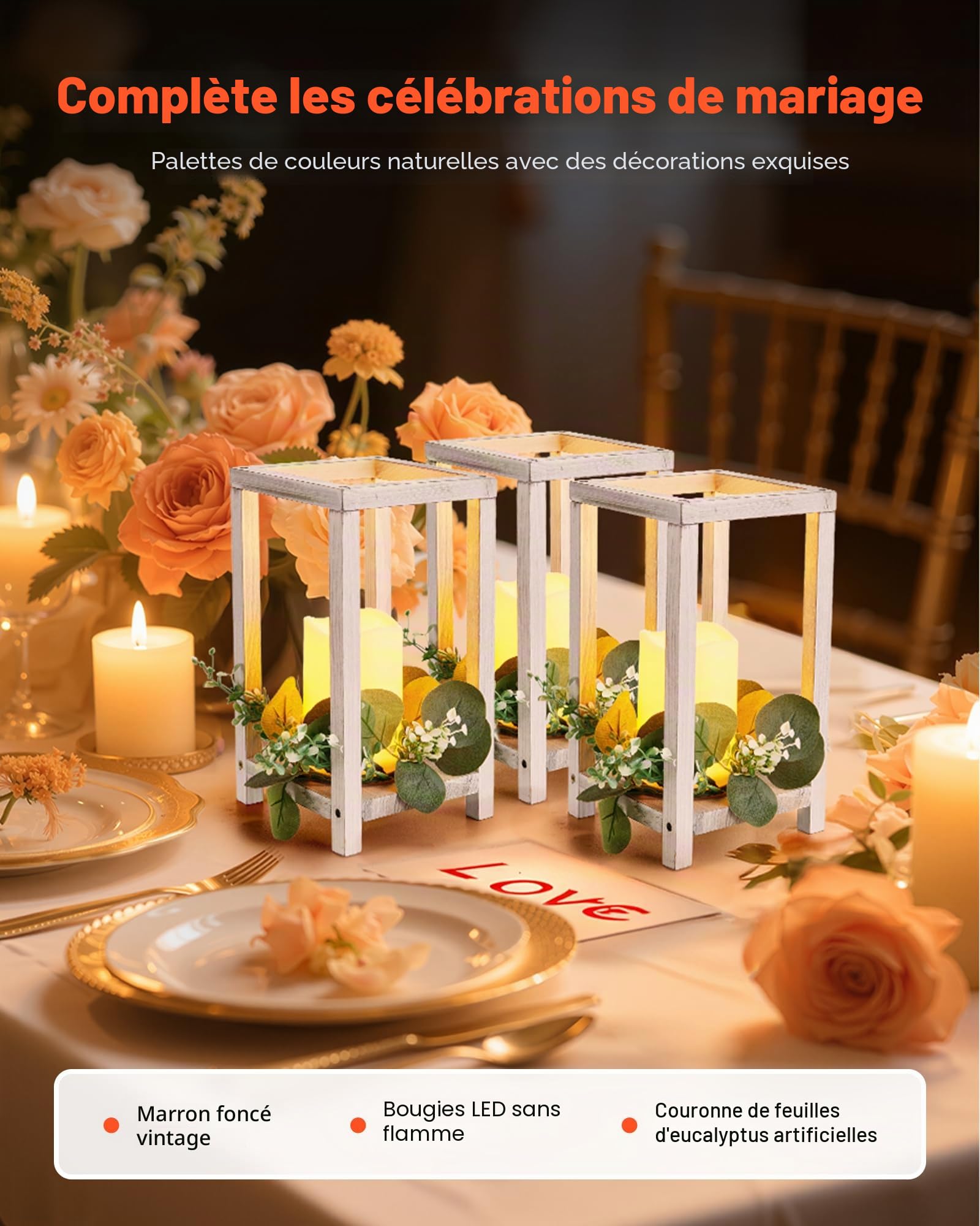 VEVOR Lanterne de Mariage en Bois, Lot de 12, Lanterne Décorative avec Bougies LED sans Flamme, Couronnes de Fleurs Artificielles, pour Centre de Table de Mariage, Fête, Décoration Intérieur, Blanc