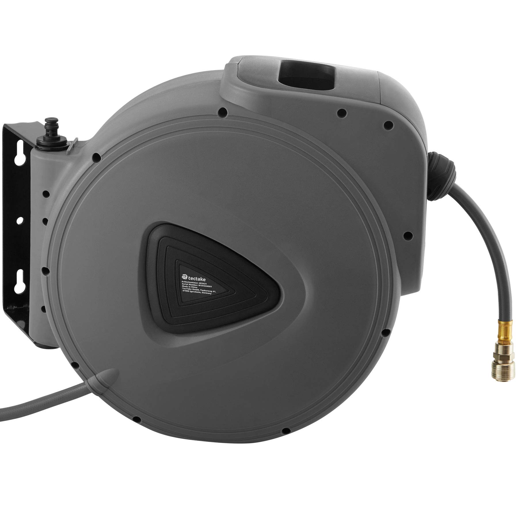 tectake® Tubo ad Aria Compressa con Avvolgitubo, Riavvolgimento Automatico, Supporto a Muro Removibile, Raccordo Attacco Rapido ¼ di Pollice, Pressione Massima 12 Bar, Accessori Garage - 30 m