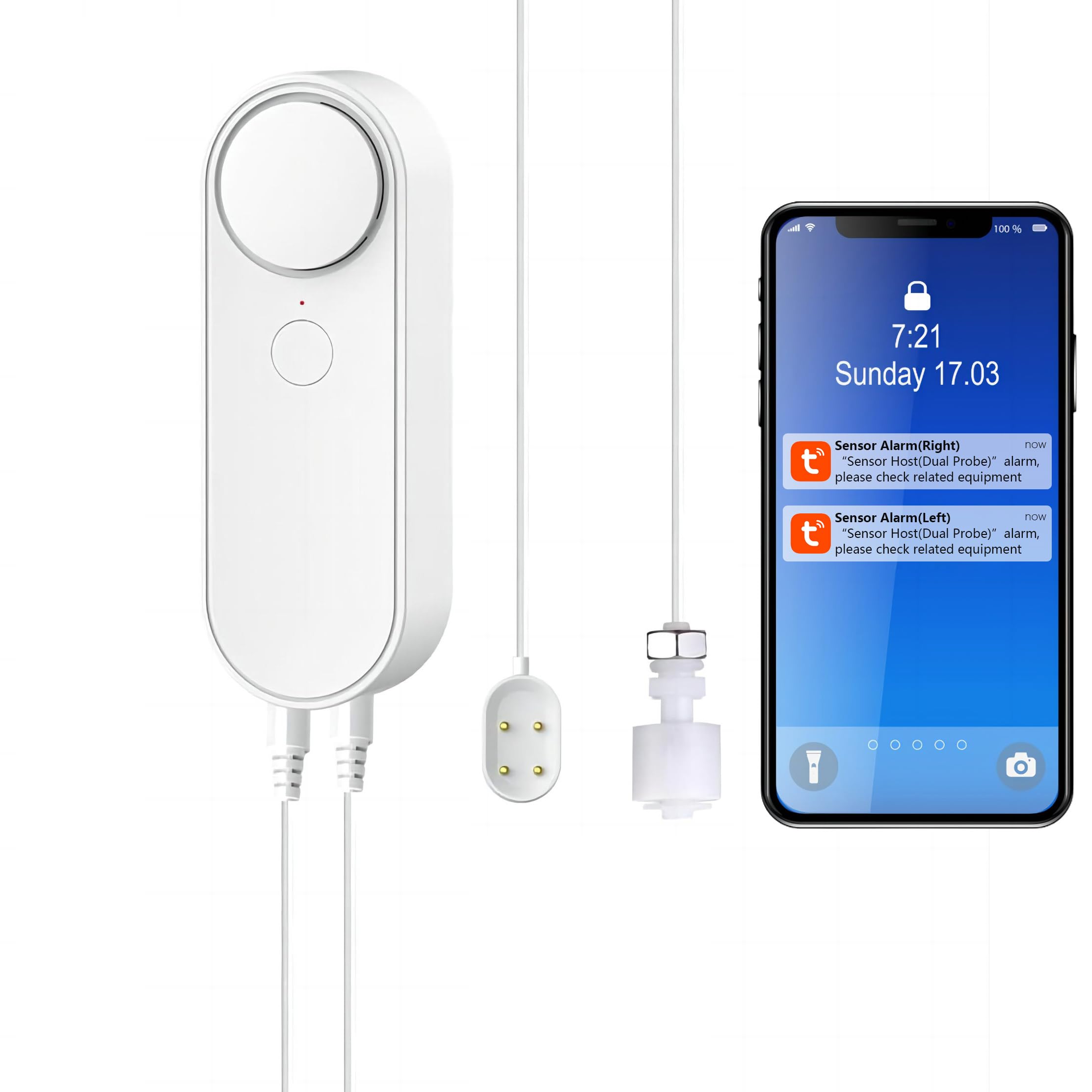 Mengshen WiFi Detektor wycieku wody i poziomu wody, 2-w-1 Tuya Smart Alarm Głośny APP Monitoring alarmu z 6,5-stopową linią wykrywania do pływającego akwarium