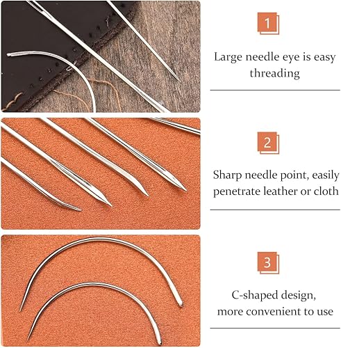Miniatura 4 de Kit de costura resistente de 16 piezas, curvo, saco, agujas de mano, cunas de dedo para reparación de cuero, tapicería, alfombras y lienzos