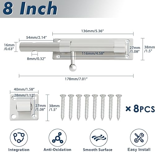 Miniatura 2 de Alise Pestillo de perno de barril de 8 pulgadas, cierre de perno deslizante, cerradura deslizante de acero inoxidable sólido SUS304 resistente para