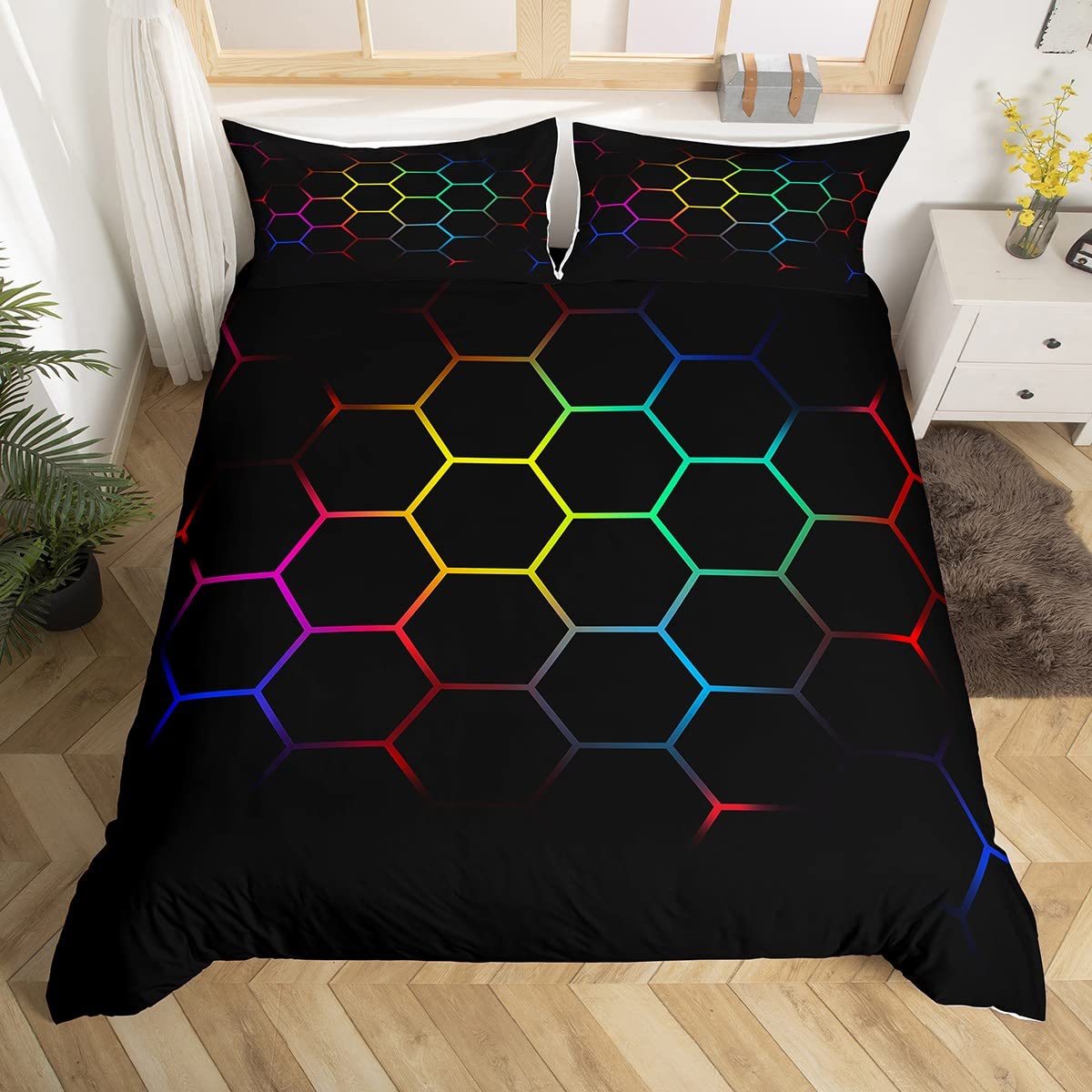 Housse de couette hexagonale lit King S parure géométrique multicolore