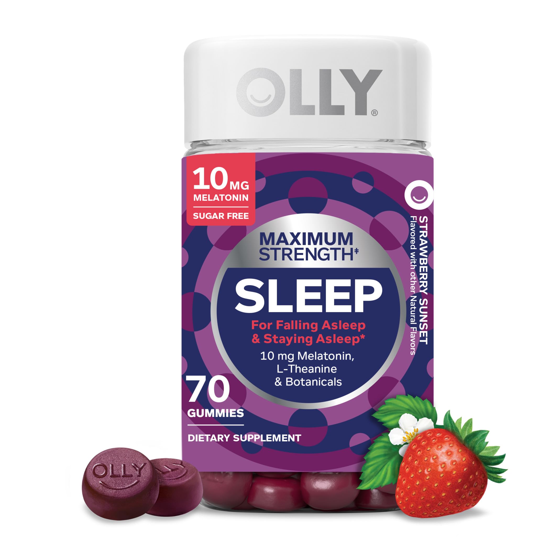 OLLY Max Strength Sleep Gummy, 10mg Melatonin, L-Theanine, Chamomile, Lemon Balm, Sugar Free, Vegetarian Sleep Aid, Strawberry - 70 Count 70 Count (Pack of 1) Gummy