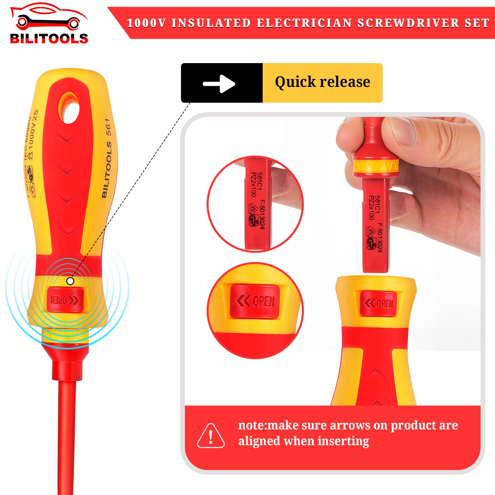 BILITOOLS Set di cacciaviti da elettricista isolati da 1000 V, kit di 13 strumenti elettrici con punte magnetiche in acciaio CR-V, manico isolato, Phillips, scanalato, Pozi, cacciaviti Torx