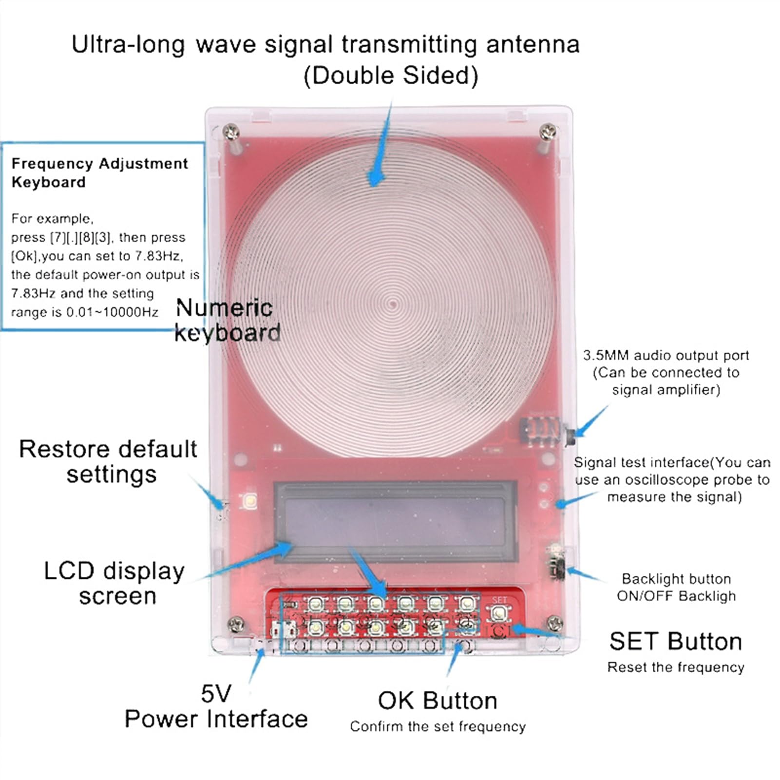 Goshyda 7,83 Hz Frequenzgenerator 0,01 Hz-100000, Einstellbarer Ultra-Niederfrequenz-Impulsgenerator mit LCD-Display, Sinuswellen-Resonanzgenerator, Tragbarer Digitaler Signalgenerator für