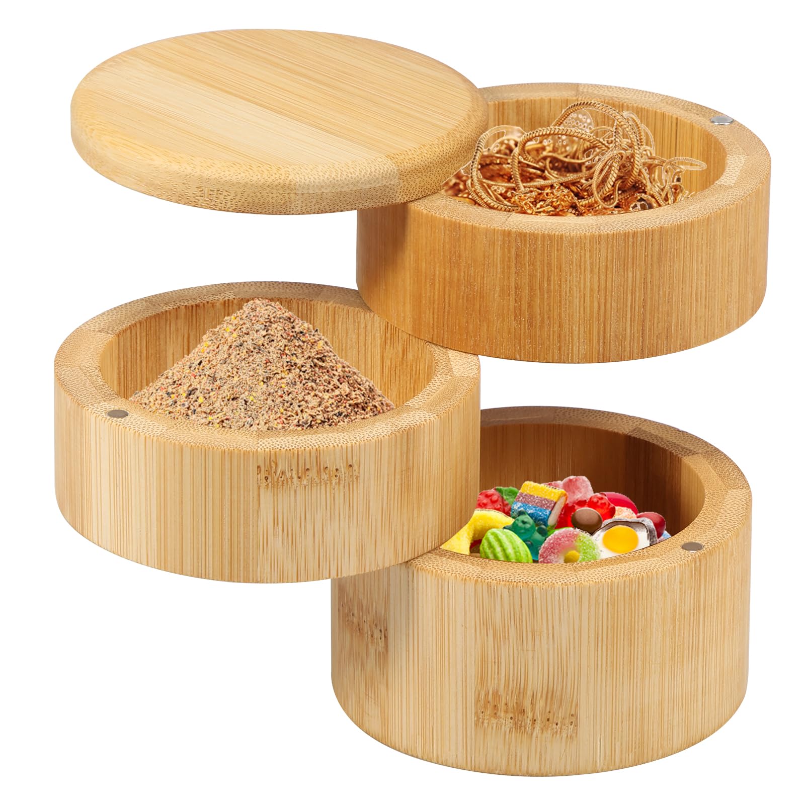 Bamboo Salt Cellar with Magnetic Cover 3 Layer Bamboo Salt Box One Hand Handling Salt Storage Container Large Capacity Spice Container 3.5×4.5 Inch Kitchen Salt Box for Salt Spices peppercorns
